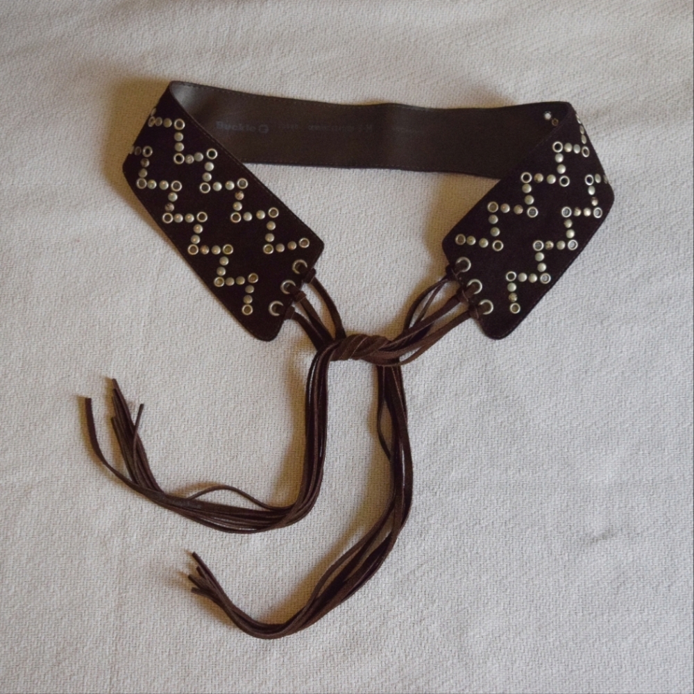 Vintage Buckle dark brown suede studded boho belt genuine leather with fringe